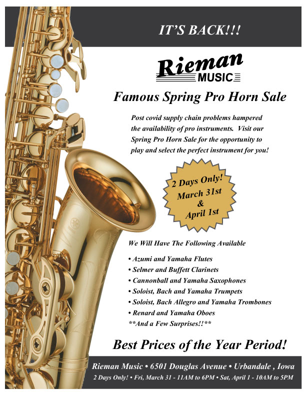 Spring Pro Horn Sale Event at Rieman Music in Urbandale, March 31st and April 1st